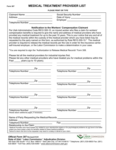 Official Form 307 Medical Treatment Provider List - Utah