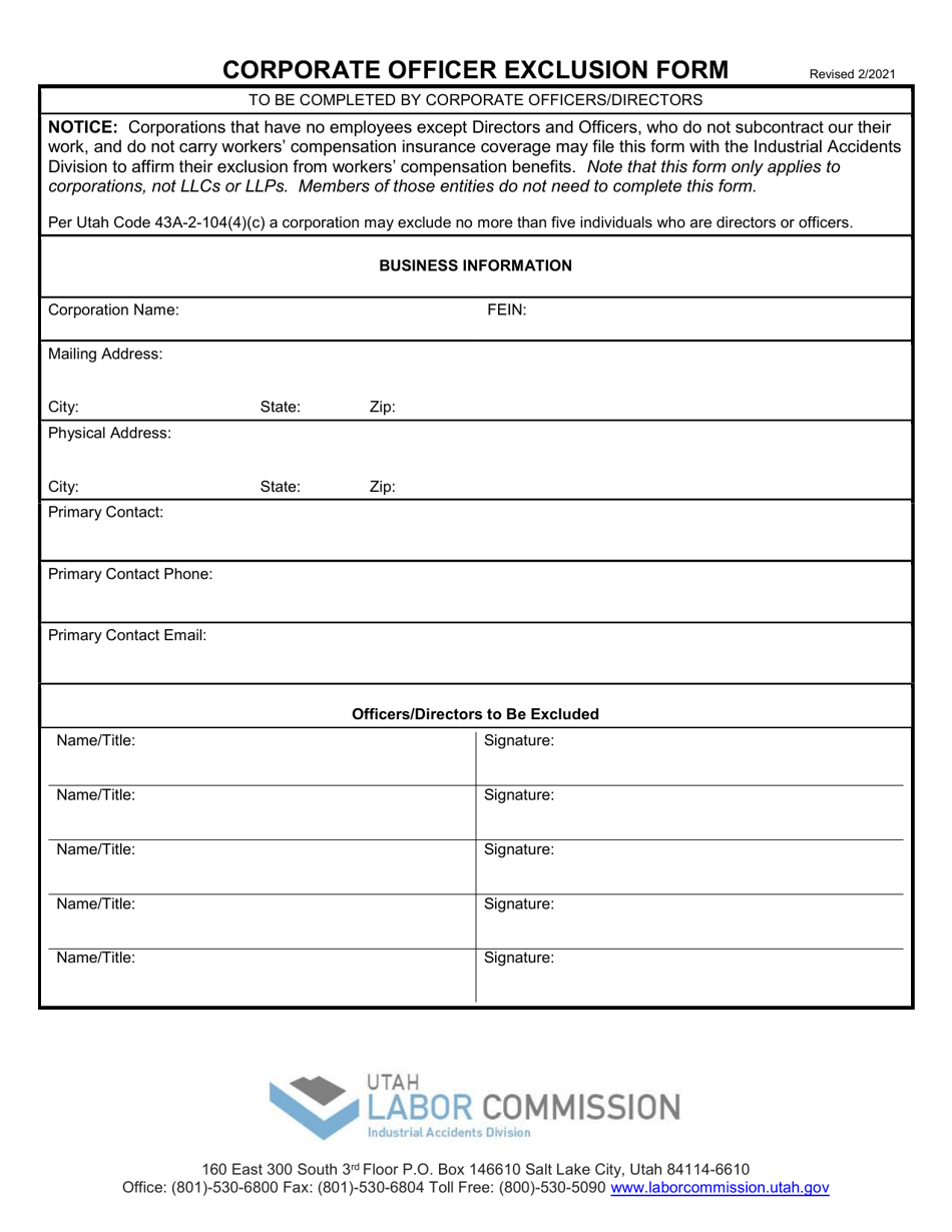 Corporate Officer Exclusion Form - Utah, Page 1