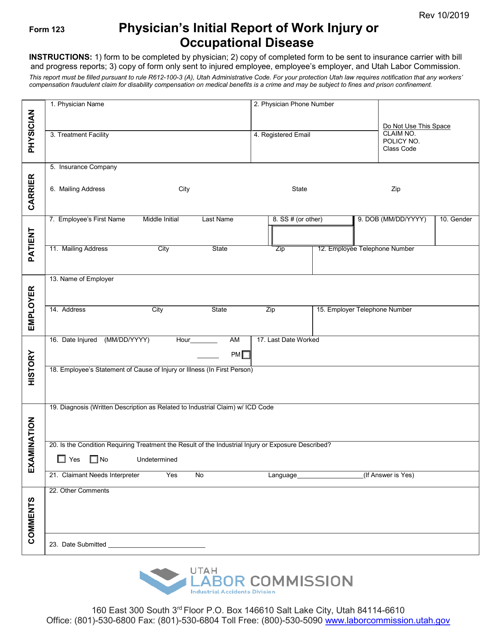 Form 123 Physician's Initial Report of Work Injury or Occupational Disease - Utah