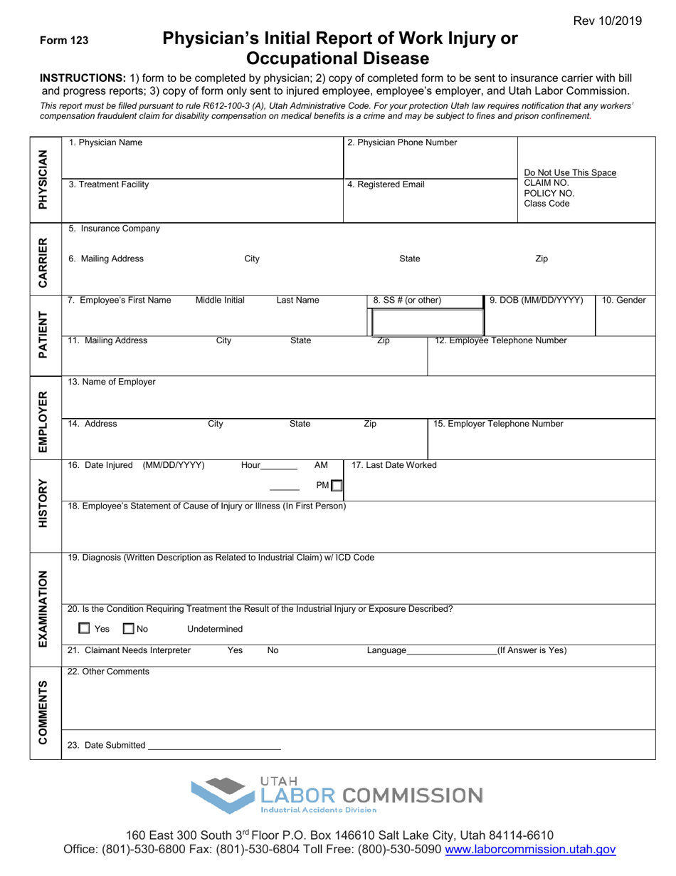Form 123 Physicians Initial Report of Work Injury or Occupational Disease - Utah, Page 1