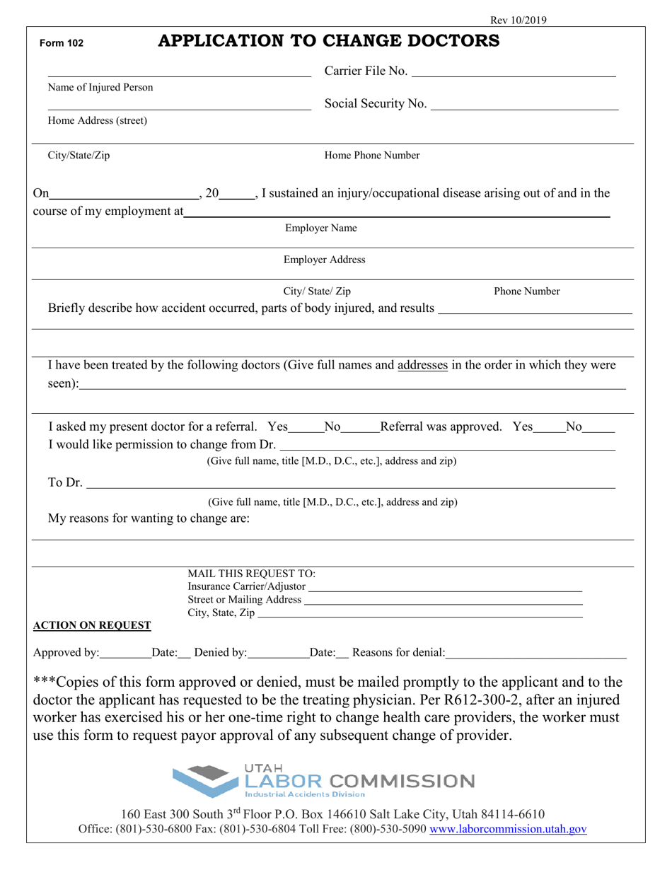 Form 102 Application to Change Doctors - Utah, Page 1