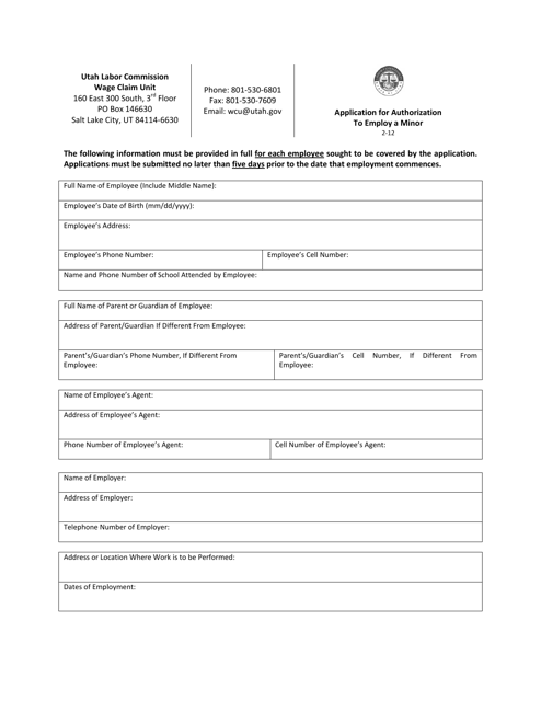 Application for Authorization to Employ a Minor - Utah Download Pdf