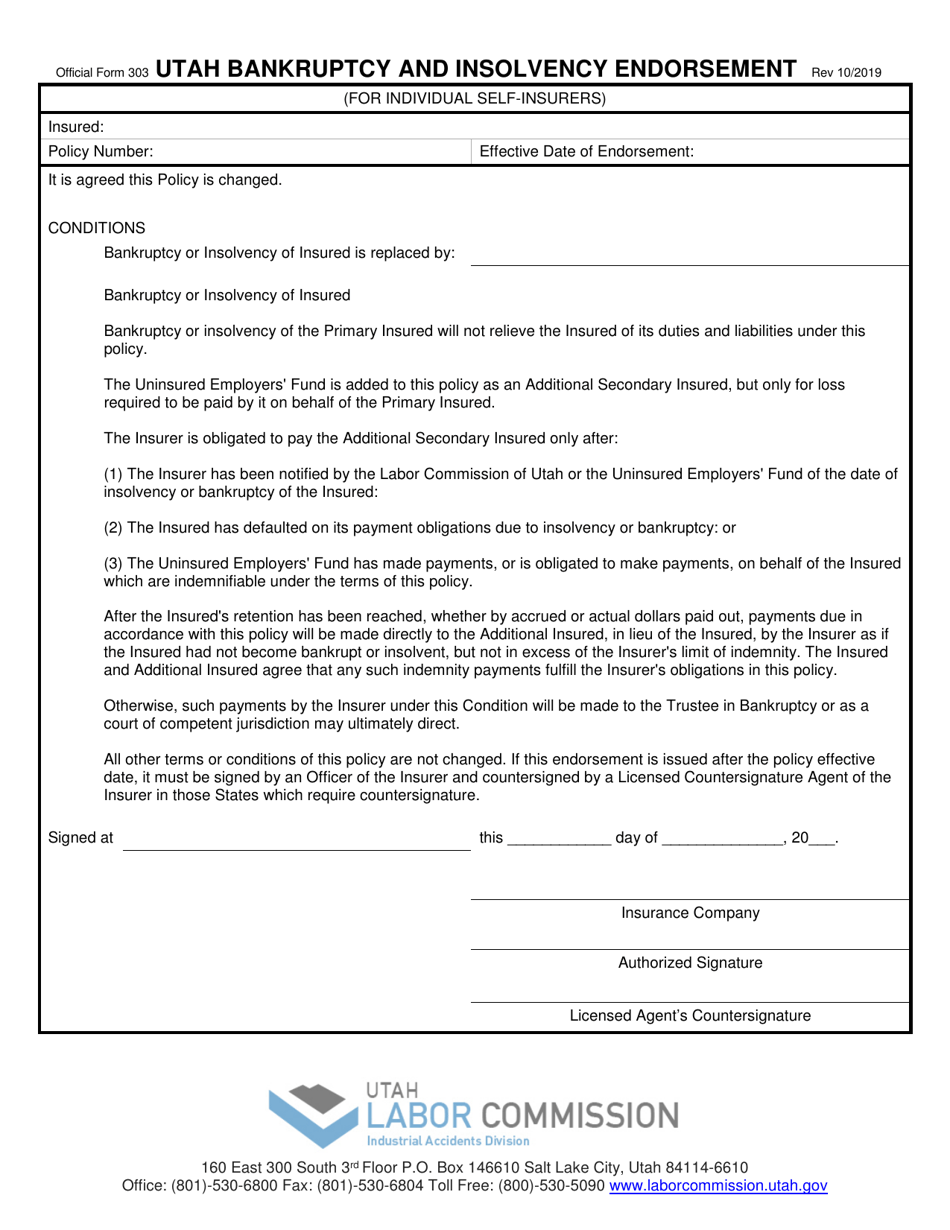 Official Form 303 Utah Bankruptcy and Insolvency Endorsement - Utah, Page 1
