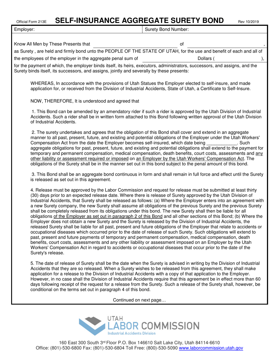 Official Form 213E Self-insurance Aggregate Surety Bond - Utah, Page 1