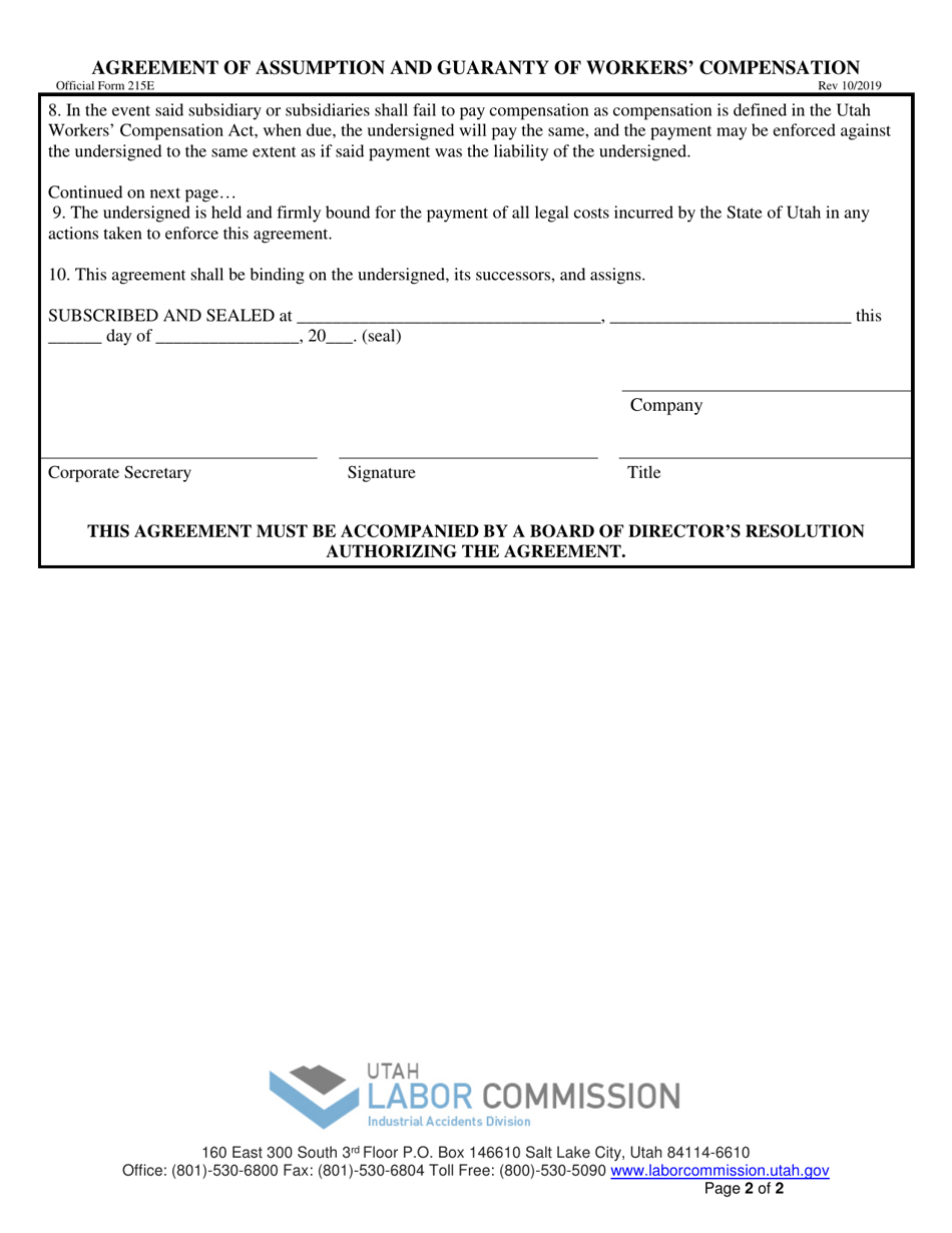 Official Form 215E Agreement of Assumption and Guaranty of Workers Compensation - Utah, Page 2