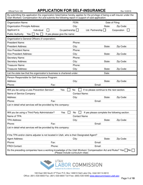 Official Form 109 Application for Self-insurance - Utah
