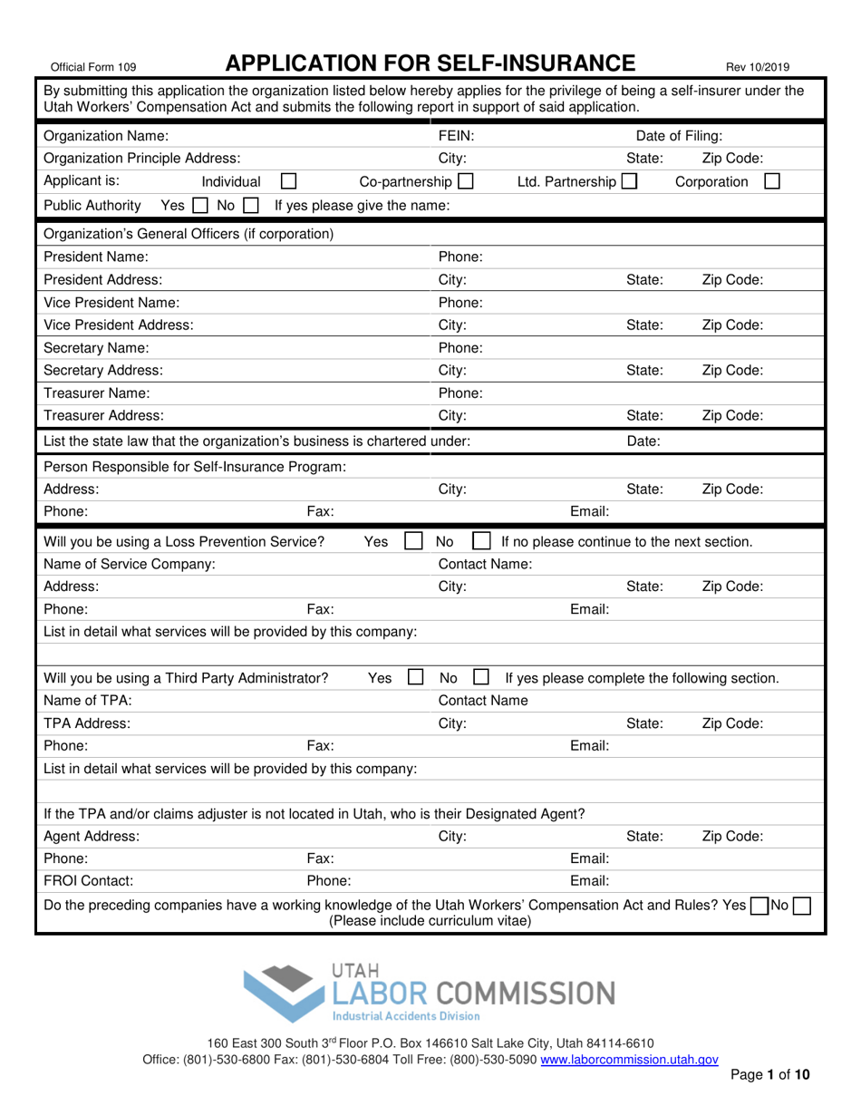 Official Form 109 Application for Self-insurance - Utah, Page 1