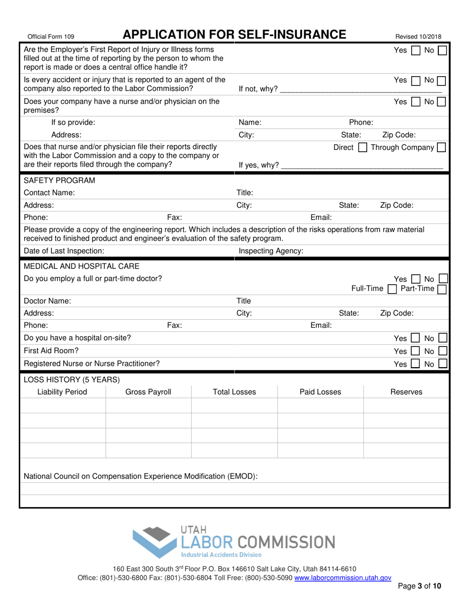 Official Form 109 Application for Self-insurance - Utah, Page 3