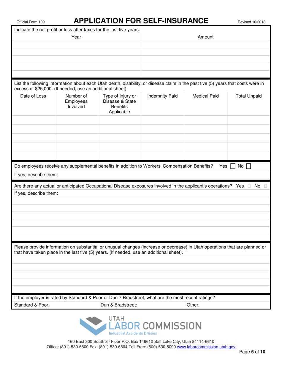 Official Form 109 Application for Self-insurance - Utah, Page 5