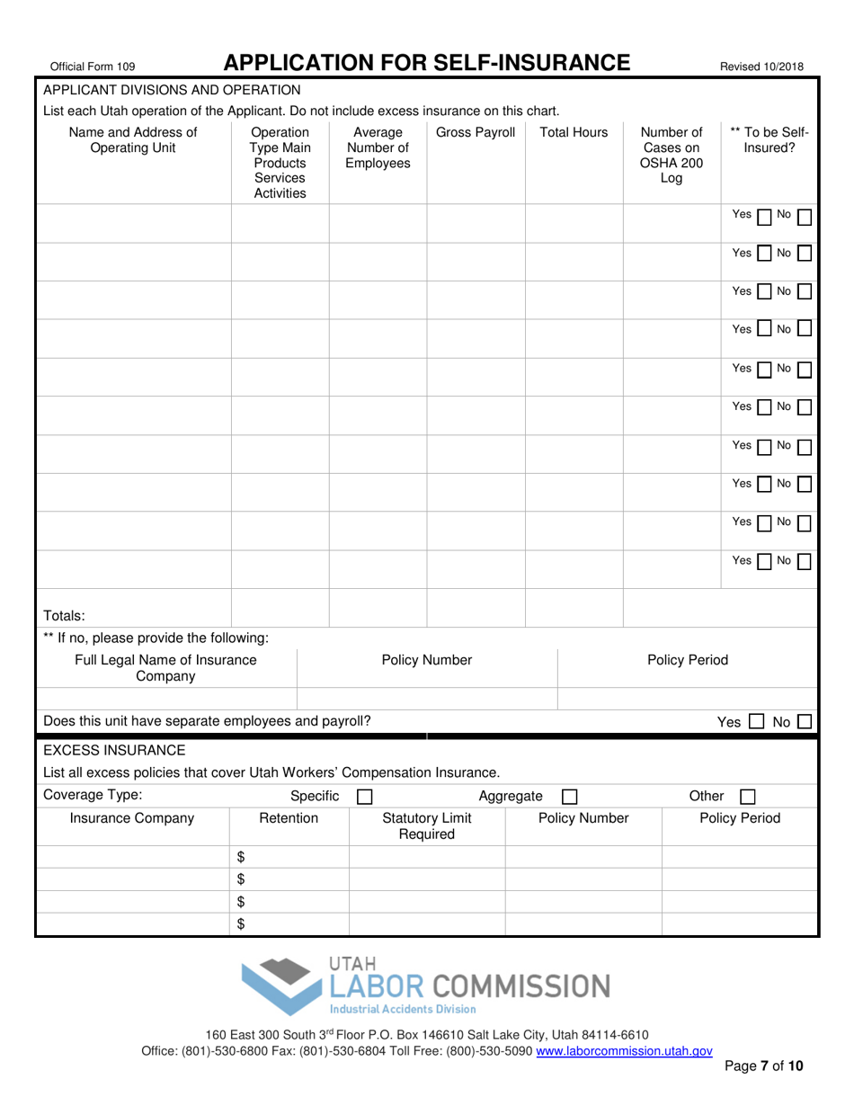 Official Form 109 Application for Self-insurance - Utah, Page 7