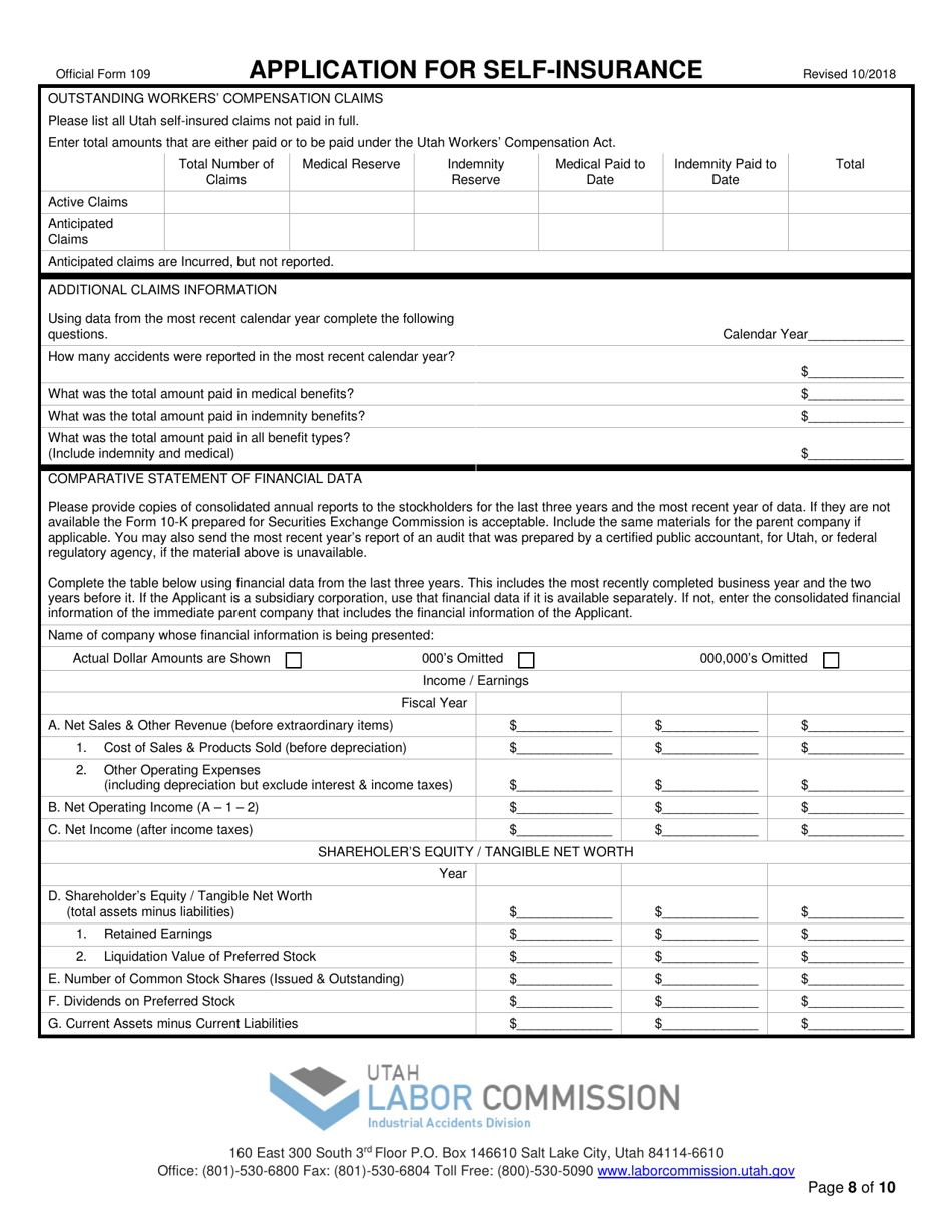 Official Form 109 Application for Self-insurance - Utah, Page 8
