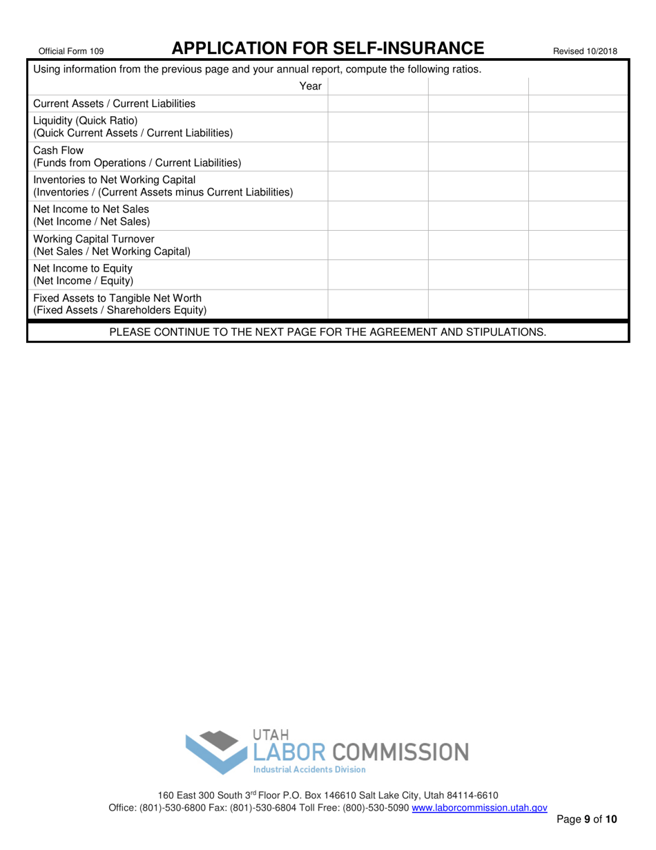 Official Form 109 Application for Self-insurance - Utah, Page 9