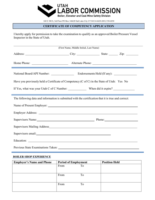 Certificate of Competency Application - Utah Download Pdf