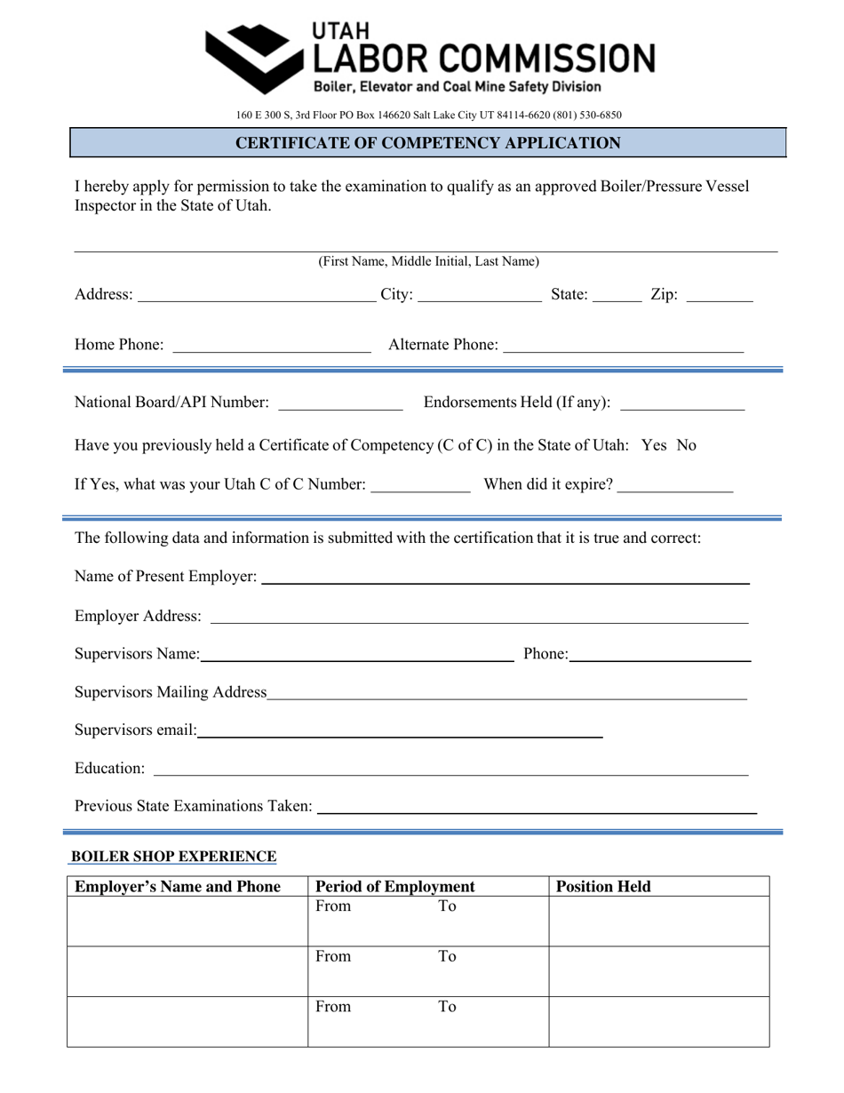 Certificate of Competency Application - Utah, Page 1