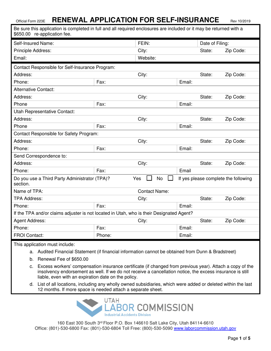 Official Form 223E Renewal Application for Self-insurance - Utah, Page 1