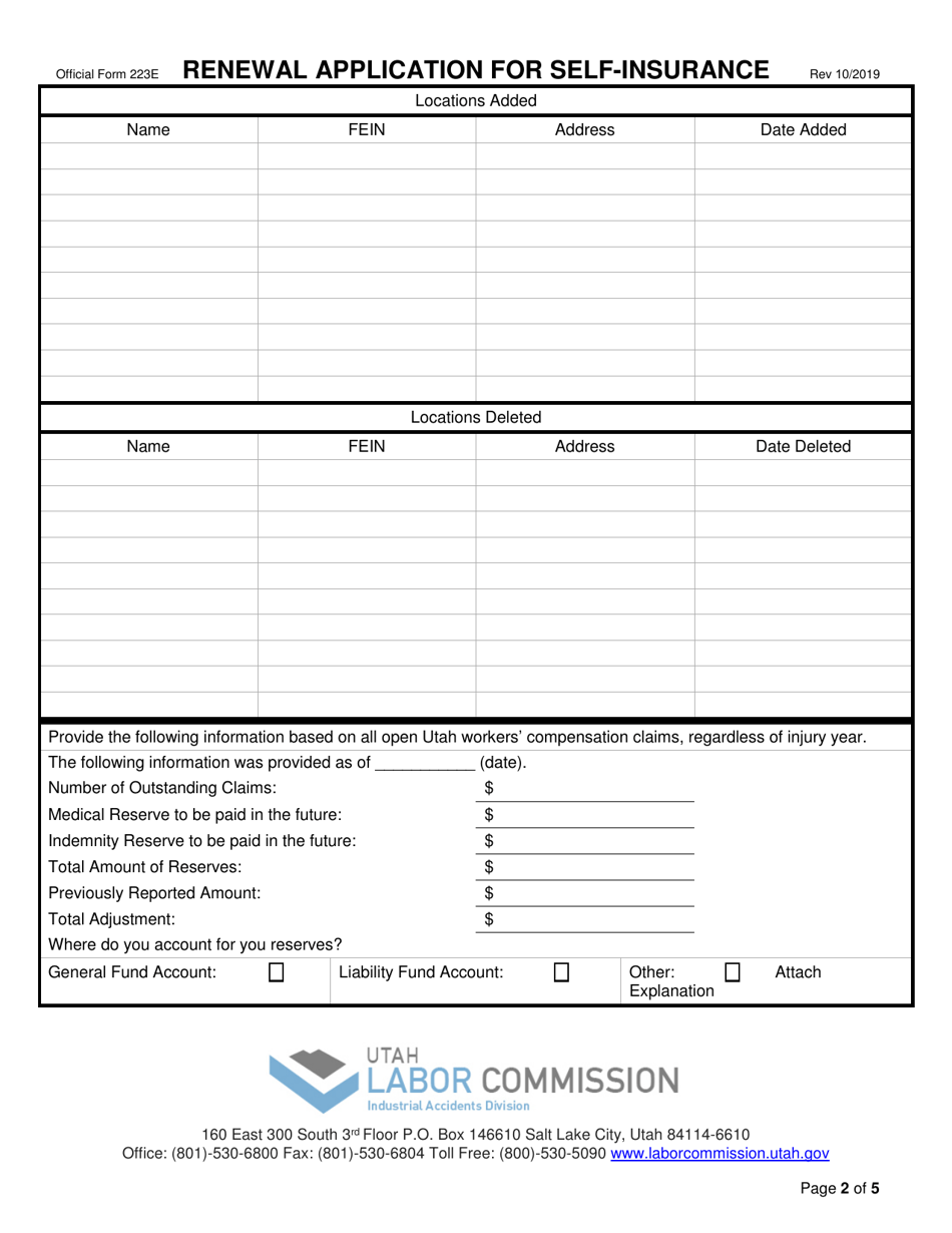 Official Form 223E Renewal Application for Self-insurance - Utah, Page 2