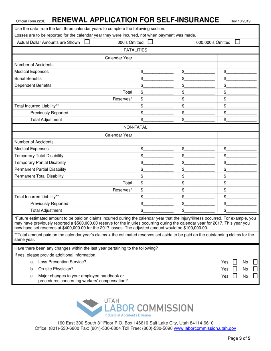 Official Form 223E Renewal Application for Self-insurance - Utah, Page 3