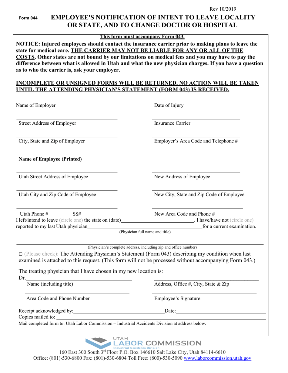 Form 044 Employees Notification of Intent to Leave Locality or State, and to Change Doctor or Hospital - Utah, Page 1