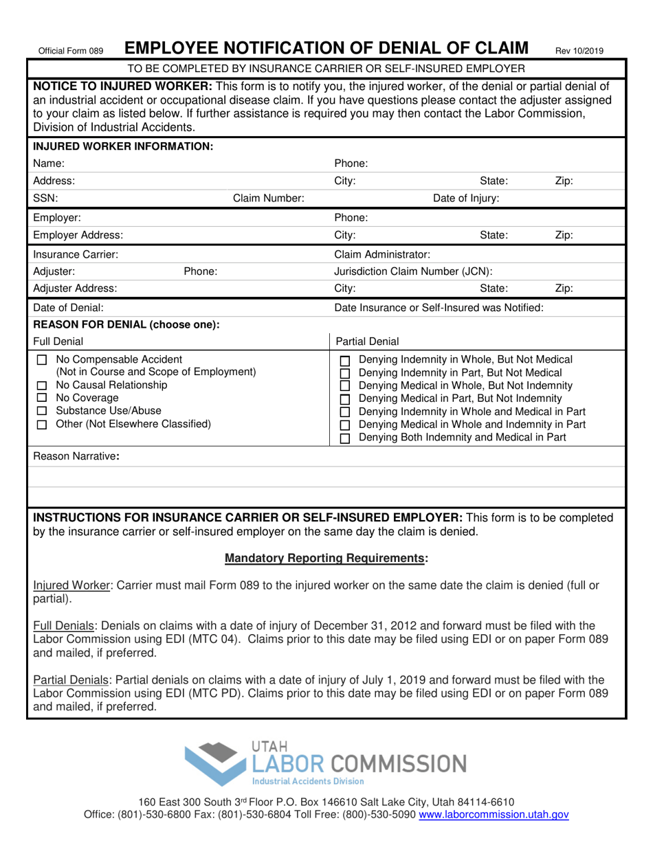 Official Form 089 Employee Notification of Denial of Claim - Utah, Page 1
