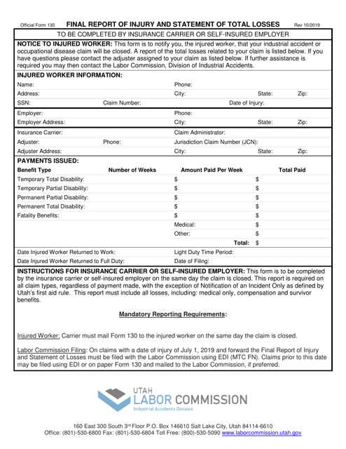 Official Form 130 Final Report of Injury and Statement of Total Losses - Utah