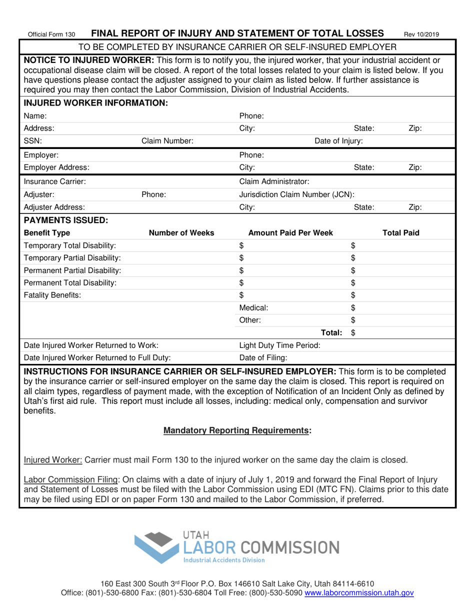Official Form 130 Final Report of Injury and Statement of Total Losses - Utah, Page 1