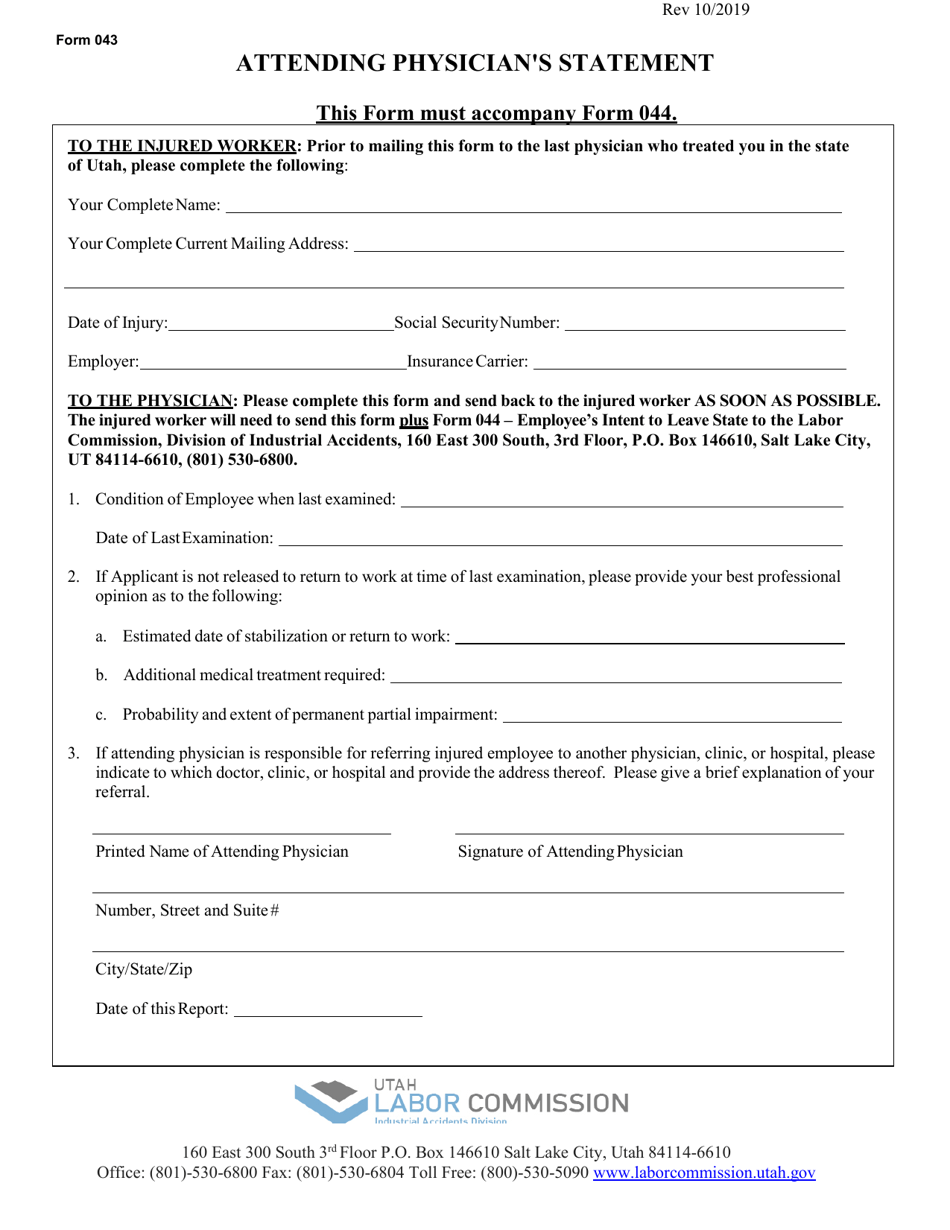 Form 043 Attending Physicians Statement - Utah, Page 1