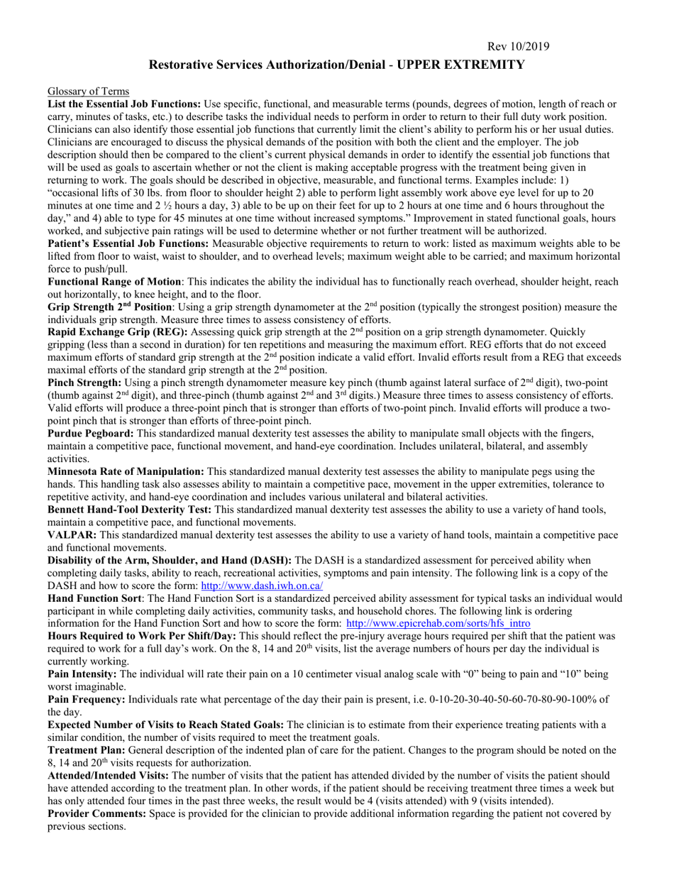 Form 221B Restorative Services Authorization / Denial - Upper Extremity - Utah, Page 2