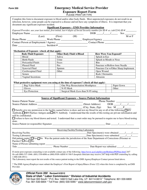 Official Form 350 Emergency Medical Service Provider Exposure Report Form - Utah