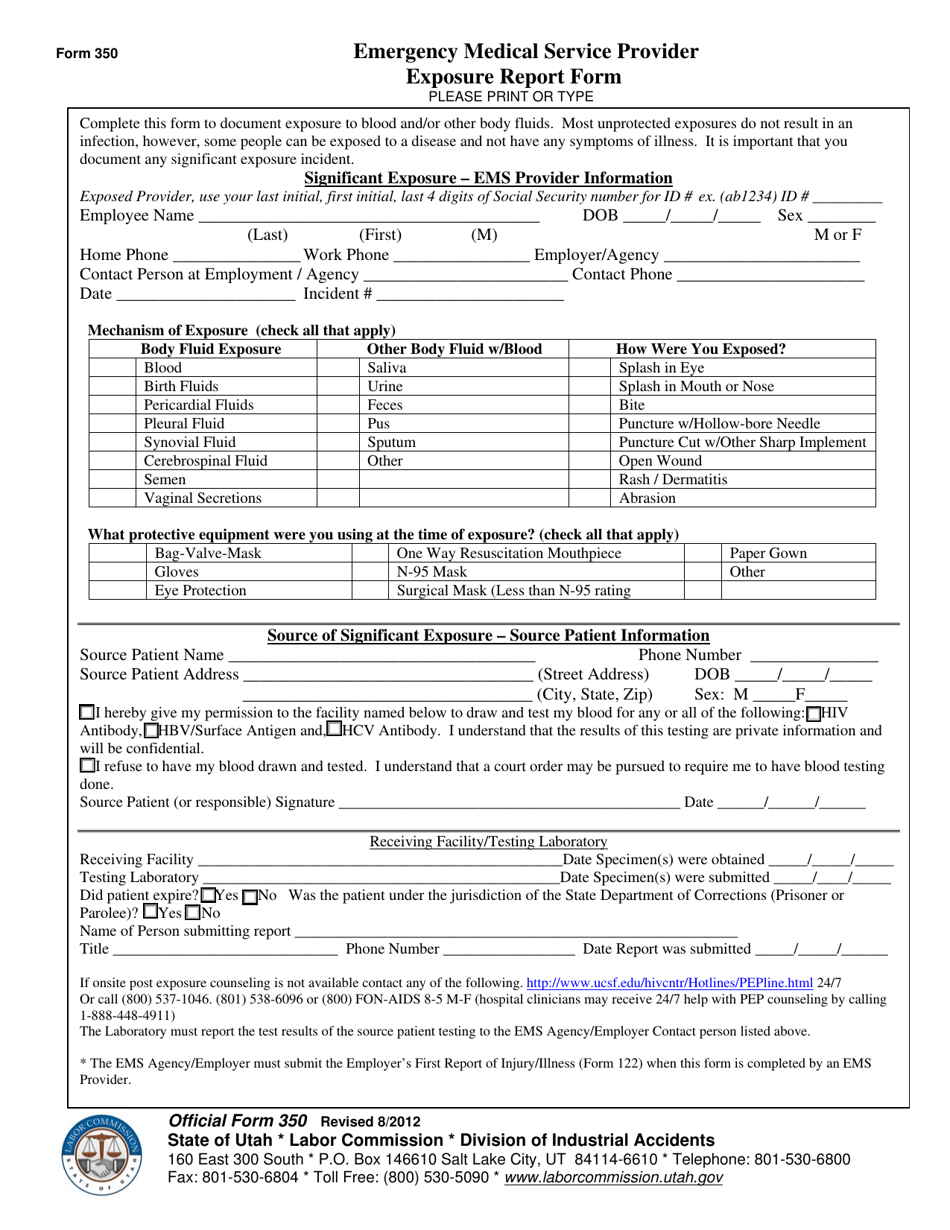 Official Form 350 Emergency Medical Service Provider Exposure Report Form - Utah, Page 1