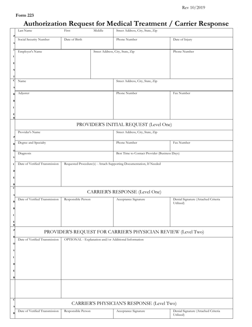 Form 223 Authorization Request for Medical Treatment/Carrier Response - Utah
