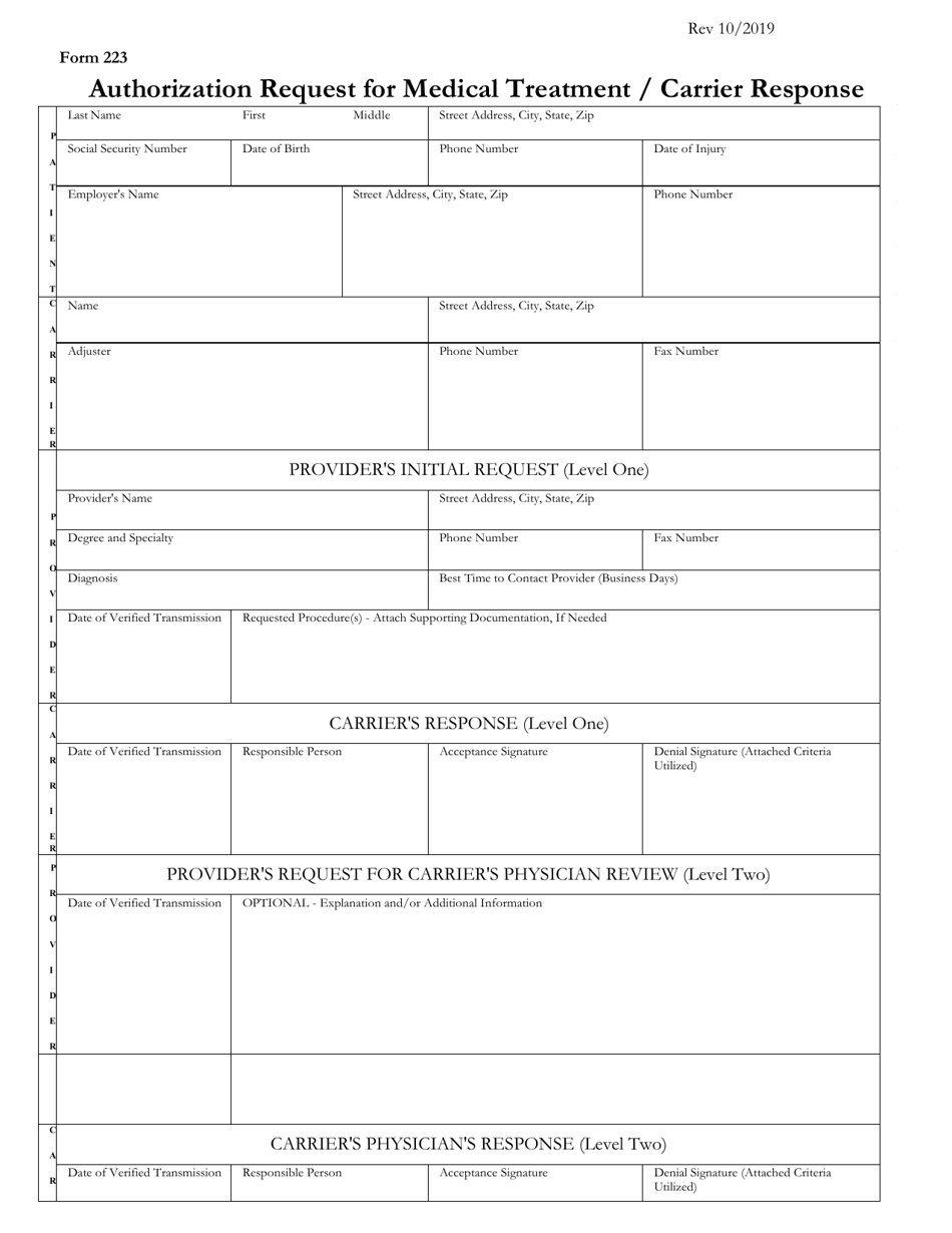 Form 223 Authorization Request for Medical Treatment / Carrier Response - Utah, Page 1
