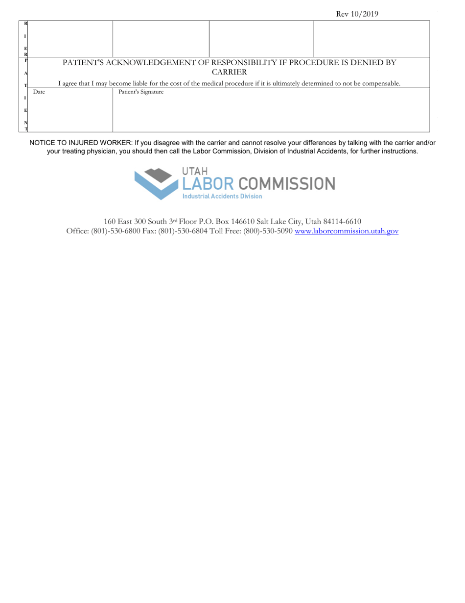 Form 223 Authorization Request for Medical Treatment / Carrier Response - Utah, Page 2