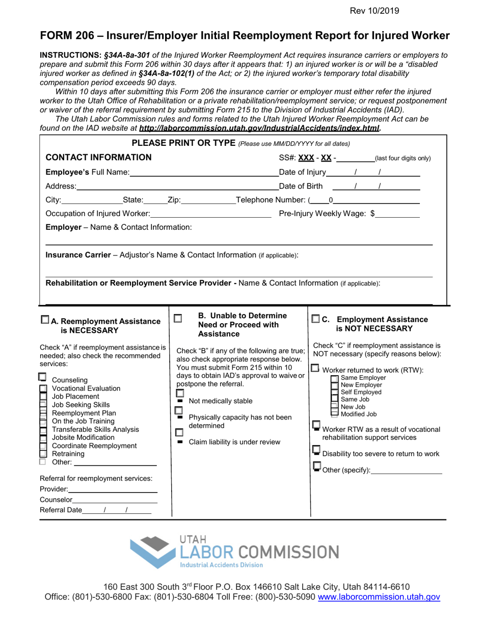 Form 206 Insurer / Employer Initial Reemployment Report for Injured Worker - Utah, Page 1