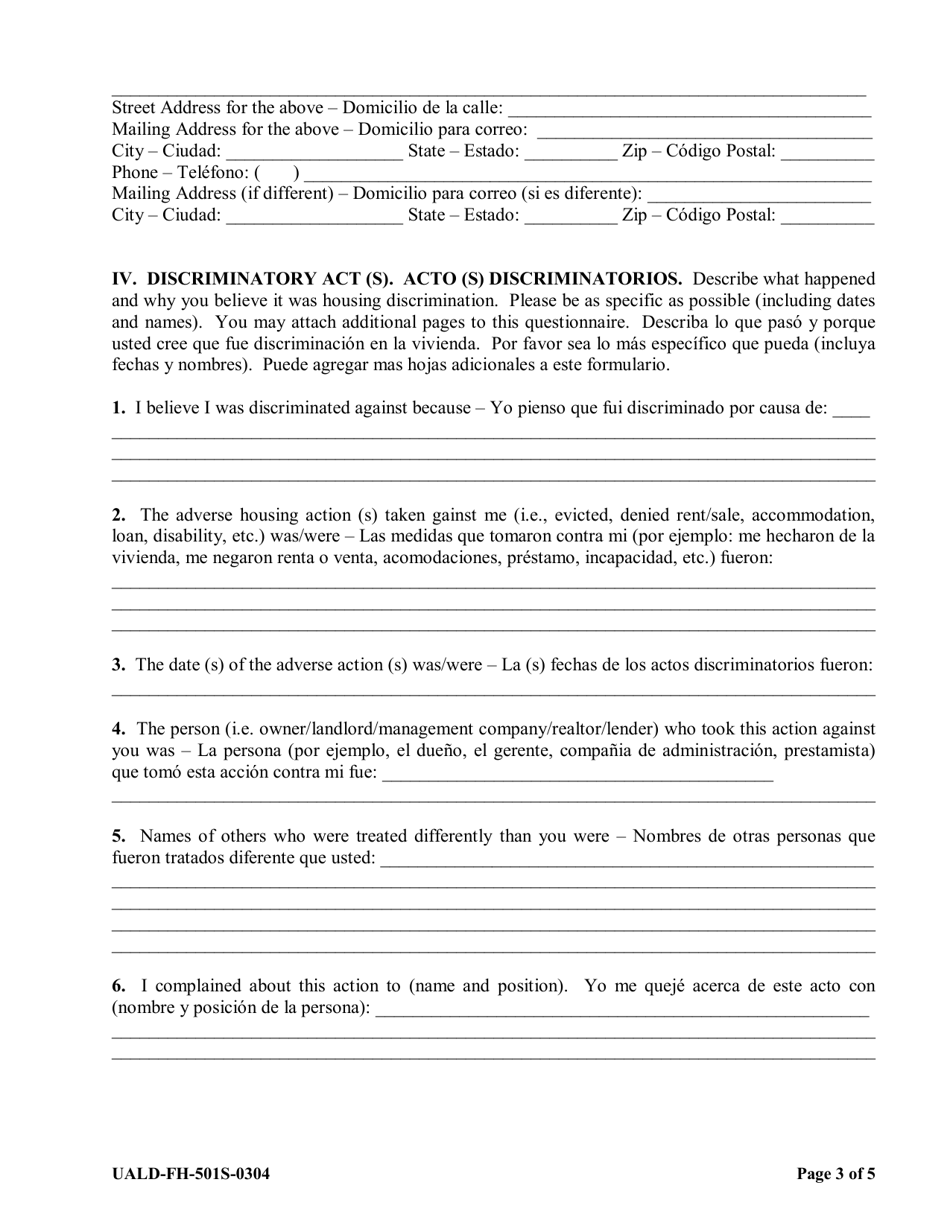 Form UALD-FH-501S-0304 Fair Housing Intake Questionnaire - Utah (English / Spanish), Page 3