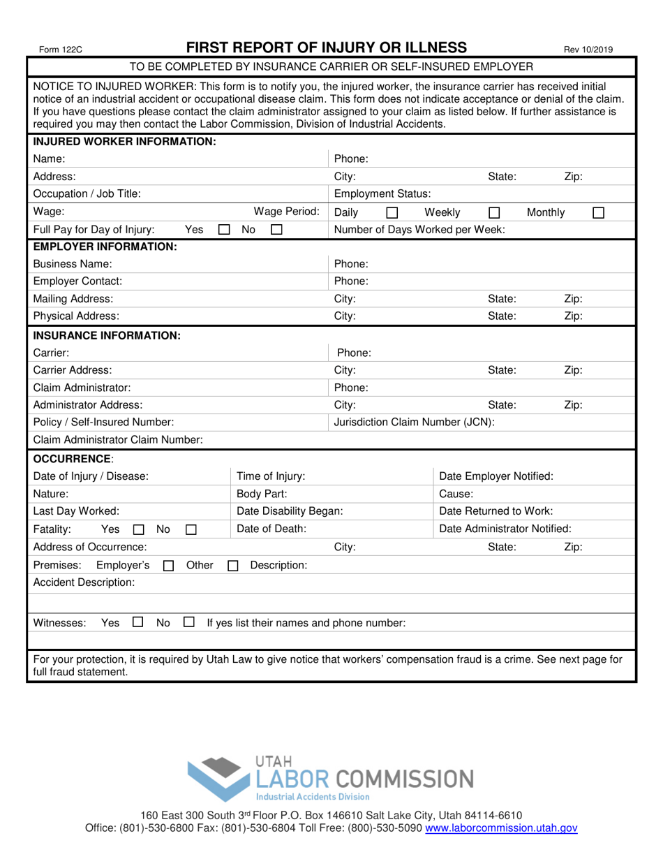 Form 122C First Report of Injury or Illness - Utah, Page 1