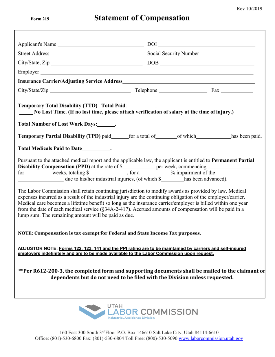 Form 219 Statement of Compensation - Utah, Page 1