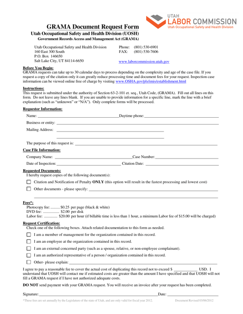 Grama Document Request Form - Utah