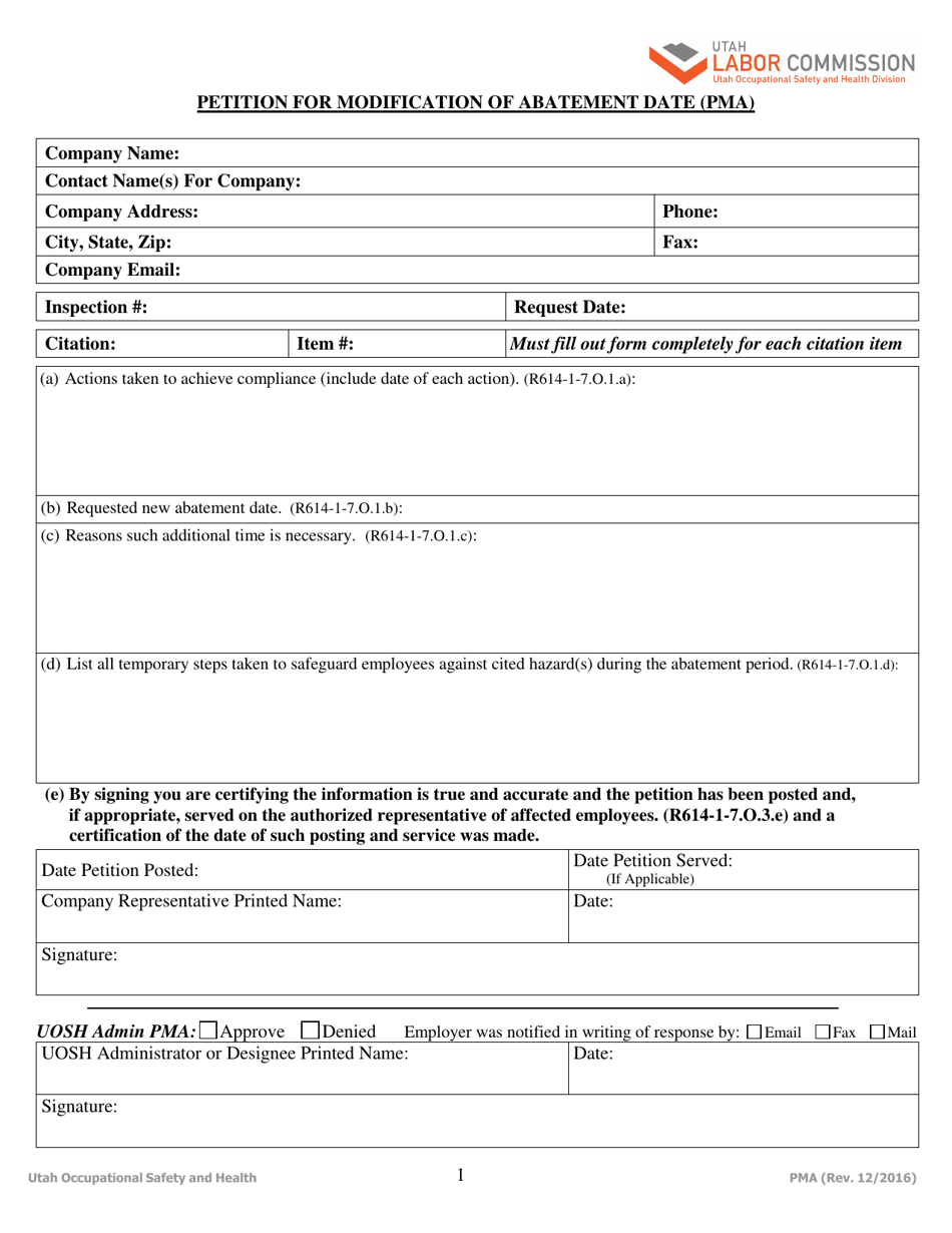 Petition for Modification of Abatement Date (Pma) - Utah, Page 1