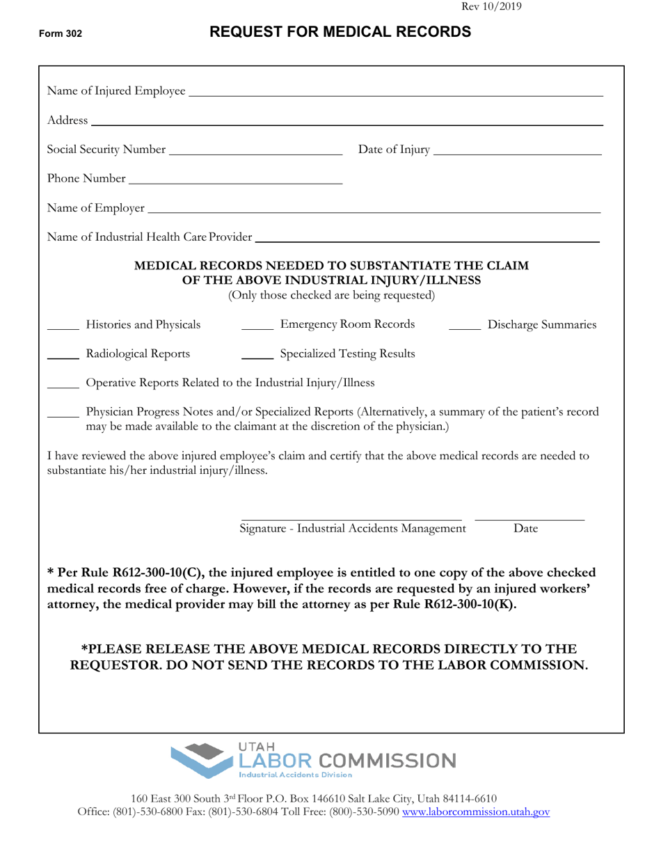 Form 302 Request for Medical Records - Utah, Page 1