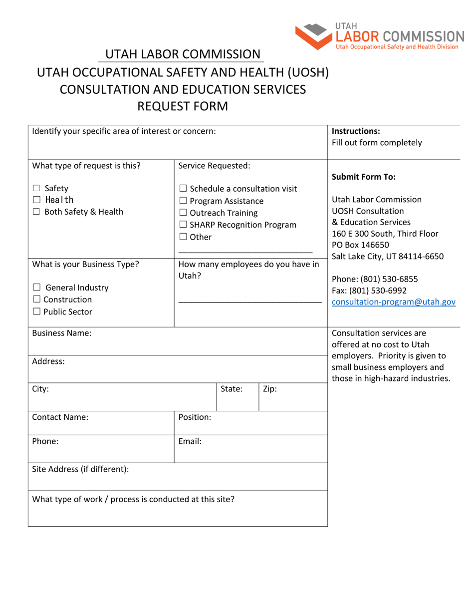 Utah Occupational Safety and Health (Uosh) Consultation and Education Services Request Form - Utah, Page 1