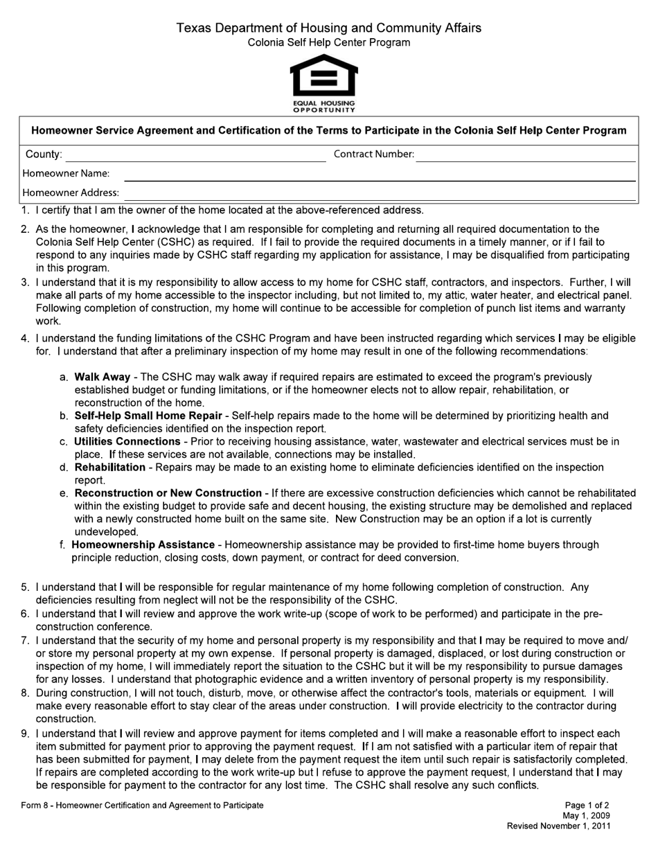 Form 8 Homeowner Service Agreement and Certification of the Terms to Participate in the Colonia Self Help Center Program - Texas, Page 1