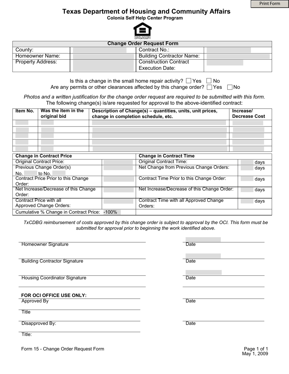 Form 15 Change Order Request Form - Texas, Page 1