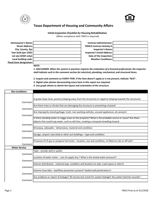 Initial Inspection Checklist for Housing Rehabilitation - Texas