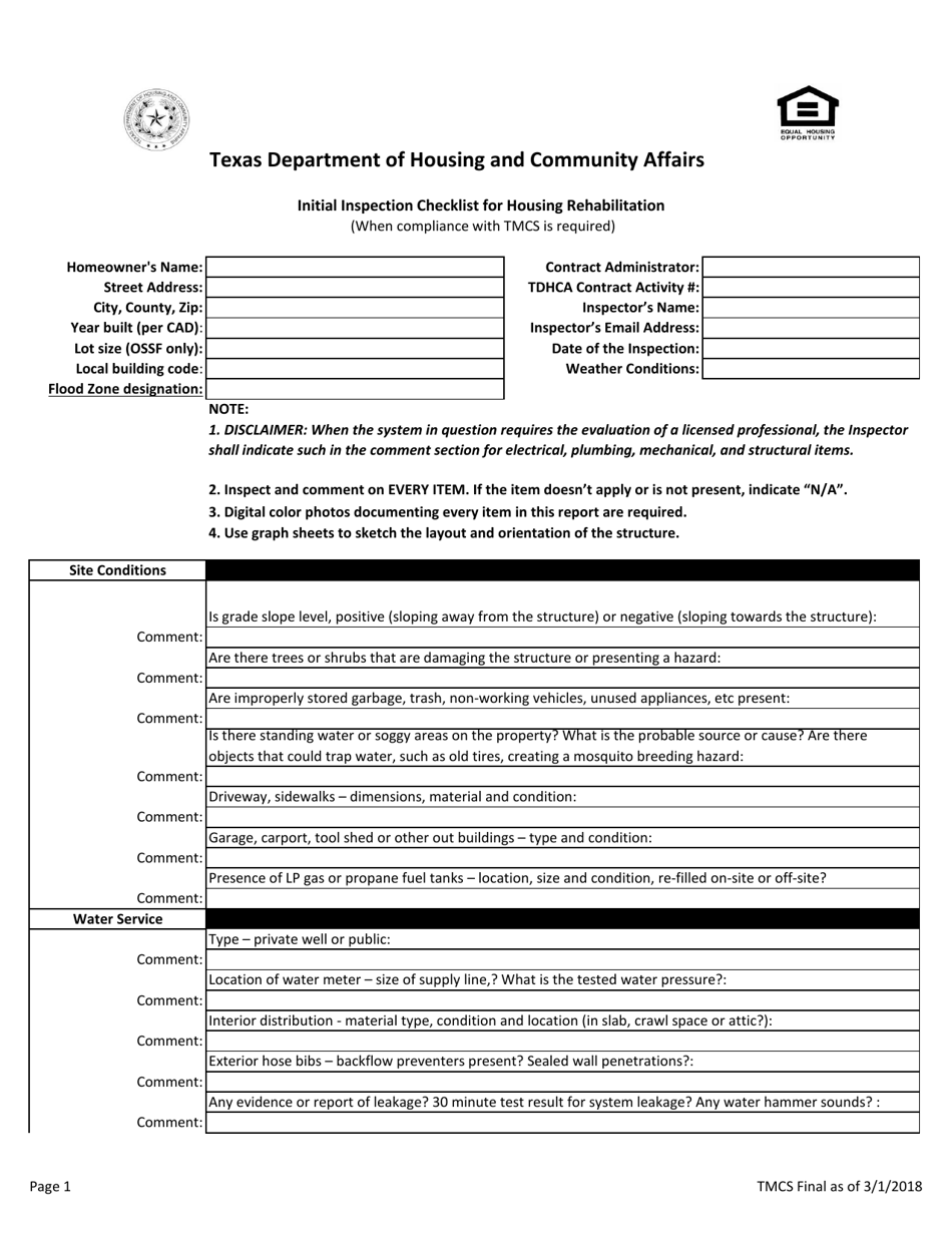 Initial Inspection Checklist for Housing Rehabilitation - Texas, Page 1