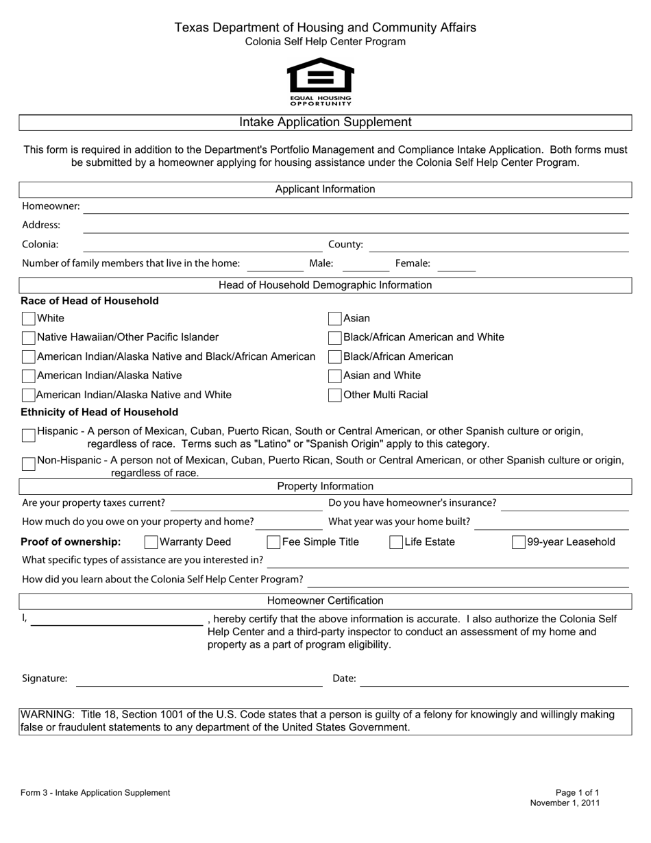 Form 3 Intake Application Supplement - Texas, Page 1