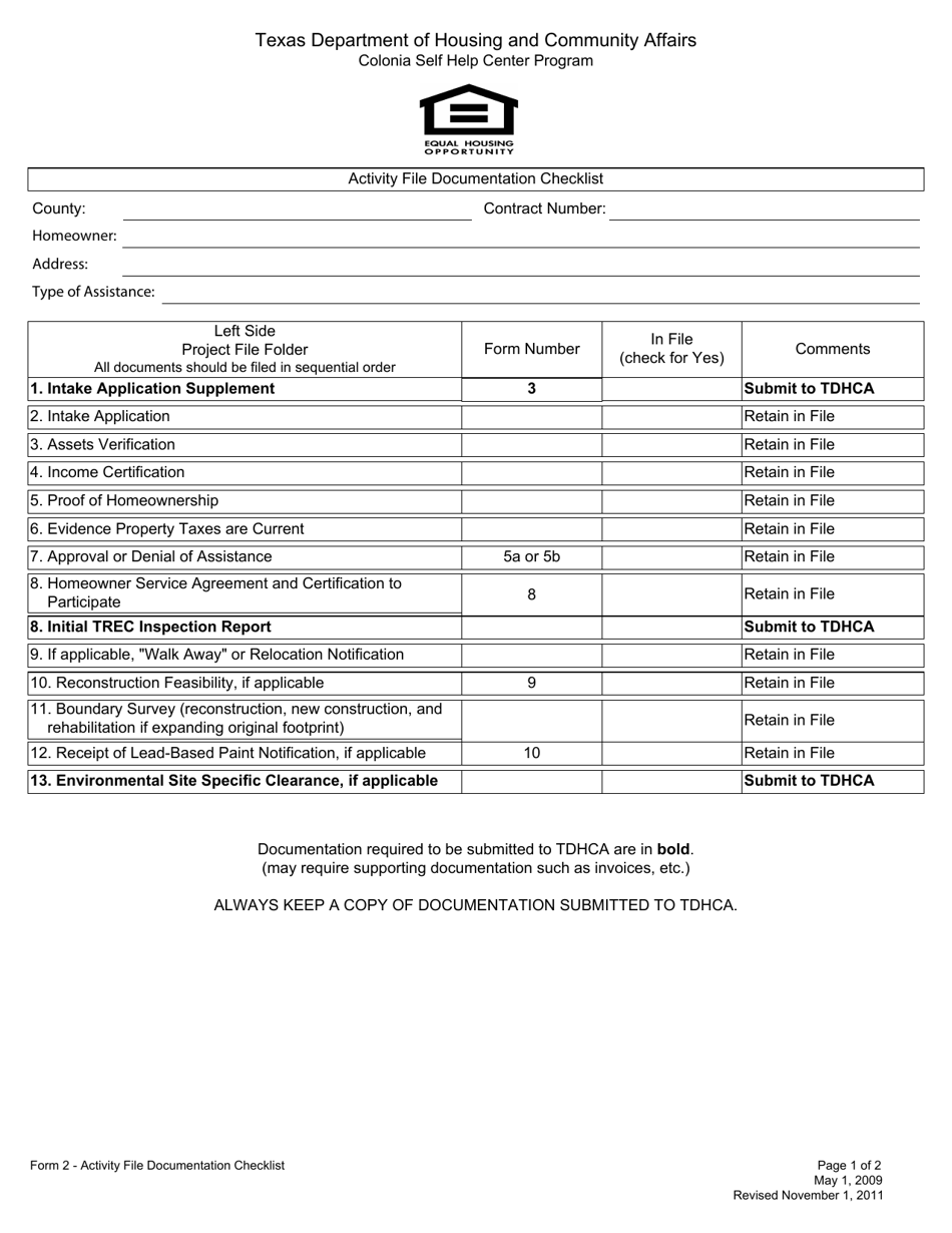 Form 2 Activity File Documentation Checklist - Texas, Page 1