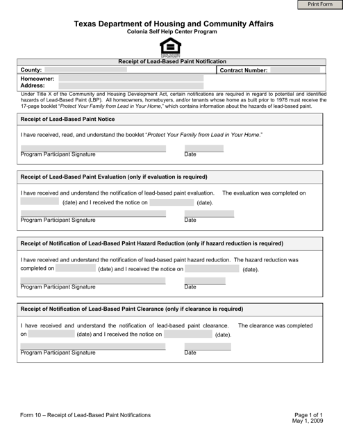Form 10 Receipt of Lead-Based Paint Notification - Texas