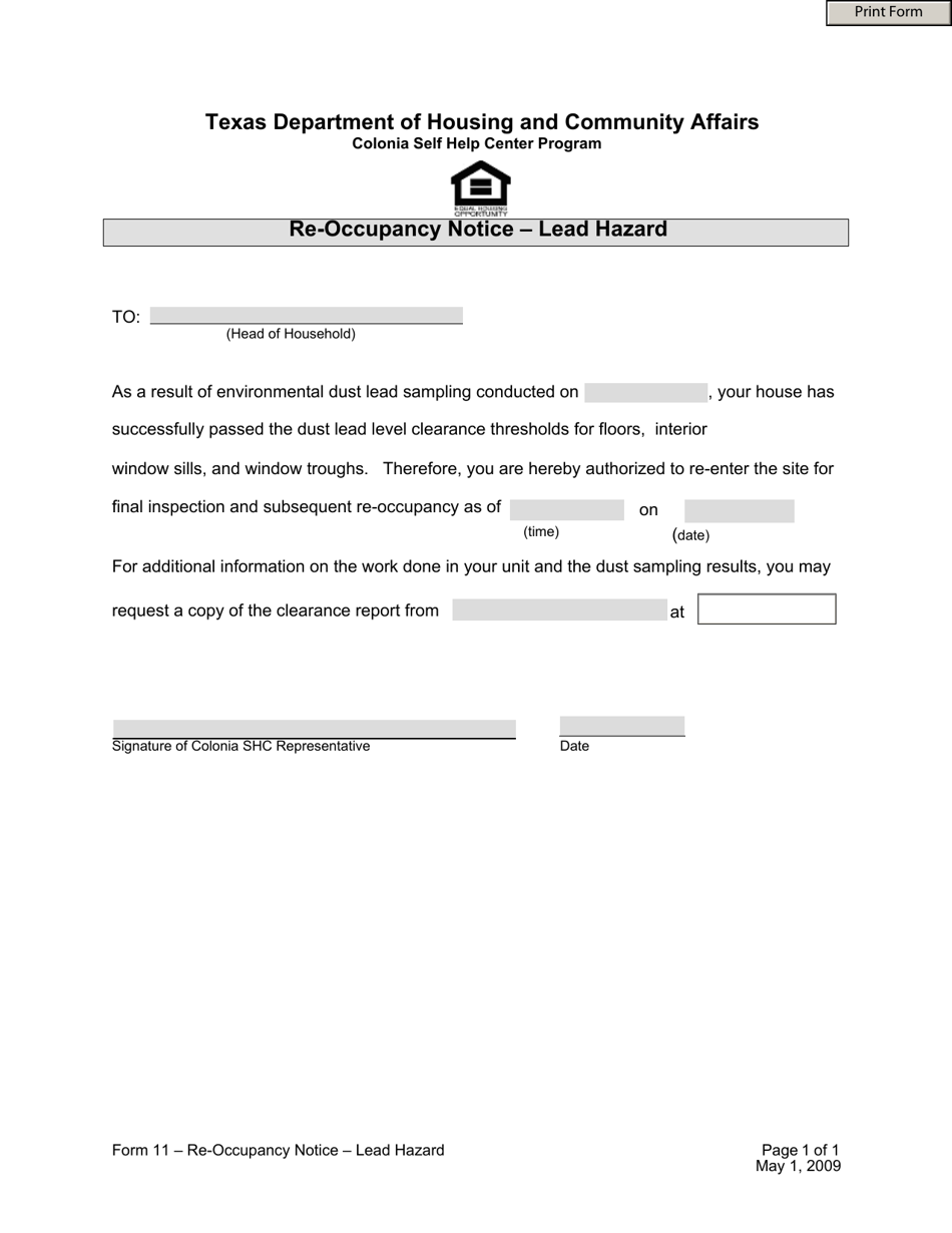 Form 11 Re-occupancy Notice - Lead Hazard - Texas, Page 1