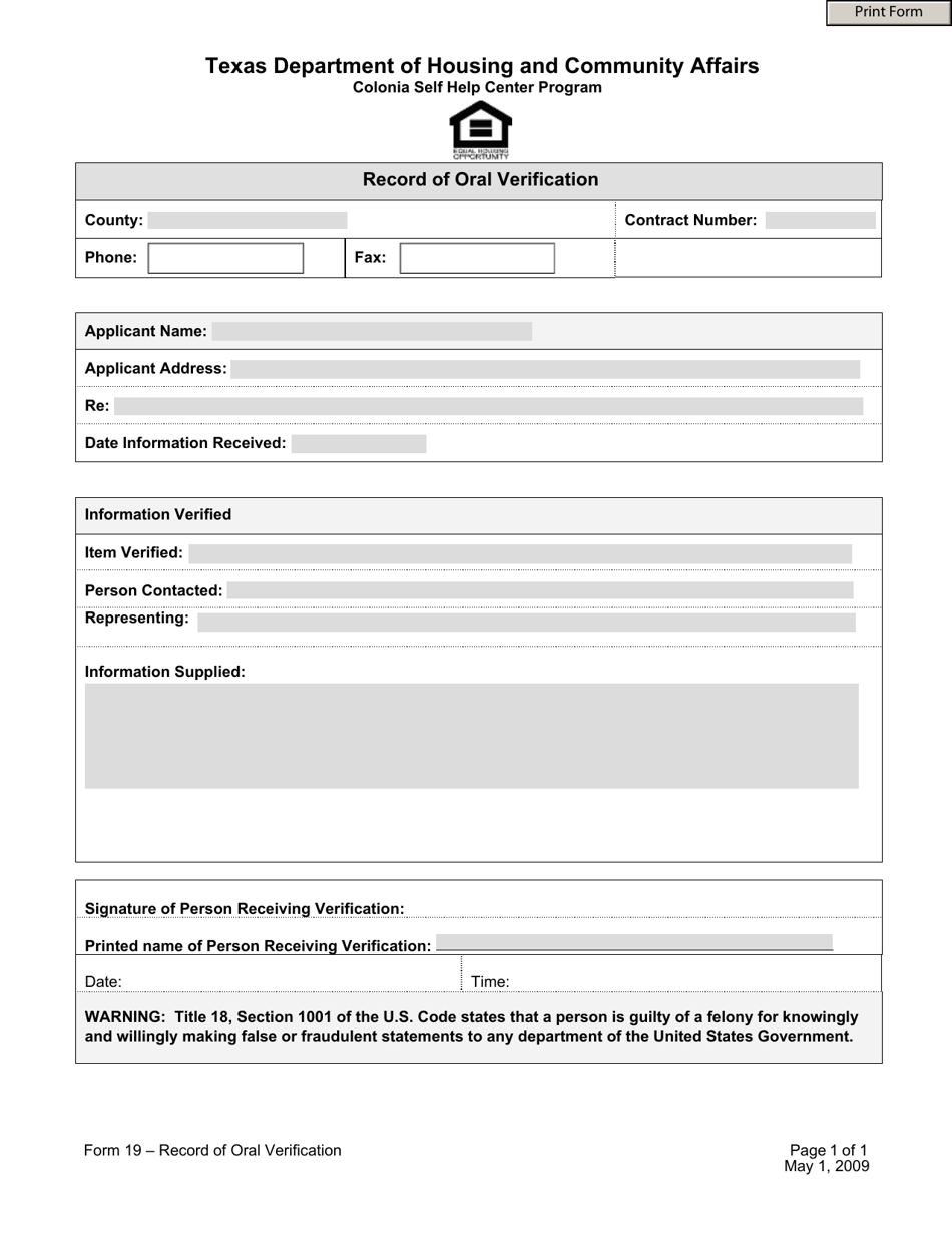 Form 19 Record of Oral Verification - Texas, Page 1
