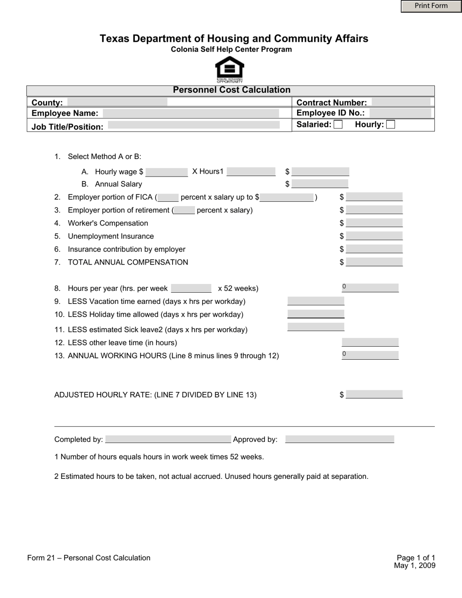 Form 21 Personnel Cost Calculation - Texas, Page 1